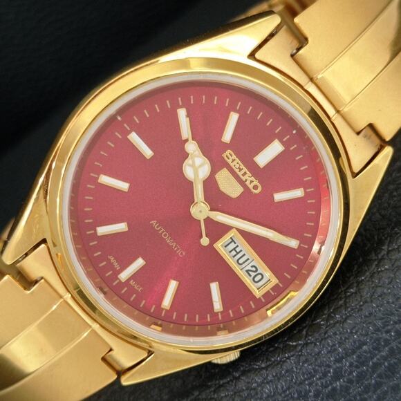 Vintage 1976 Seiko Automatic Mens Gold Watch W/daydate & Red accents